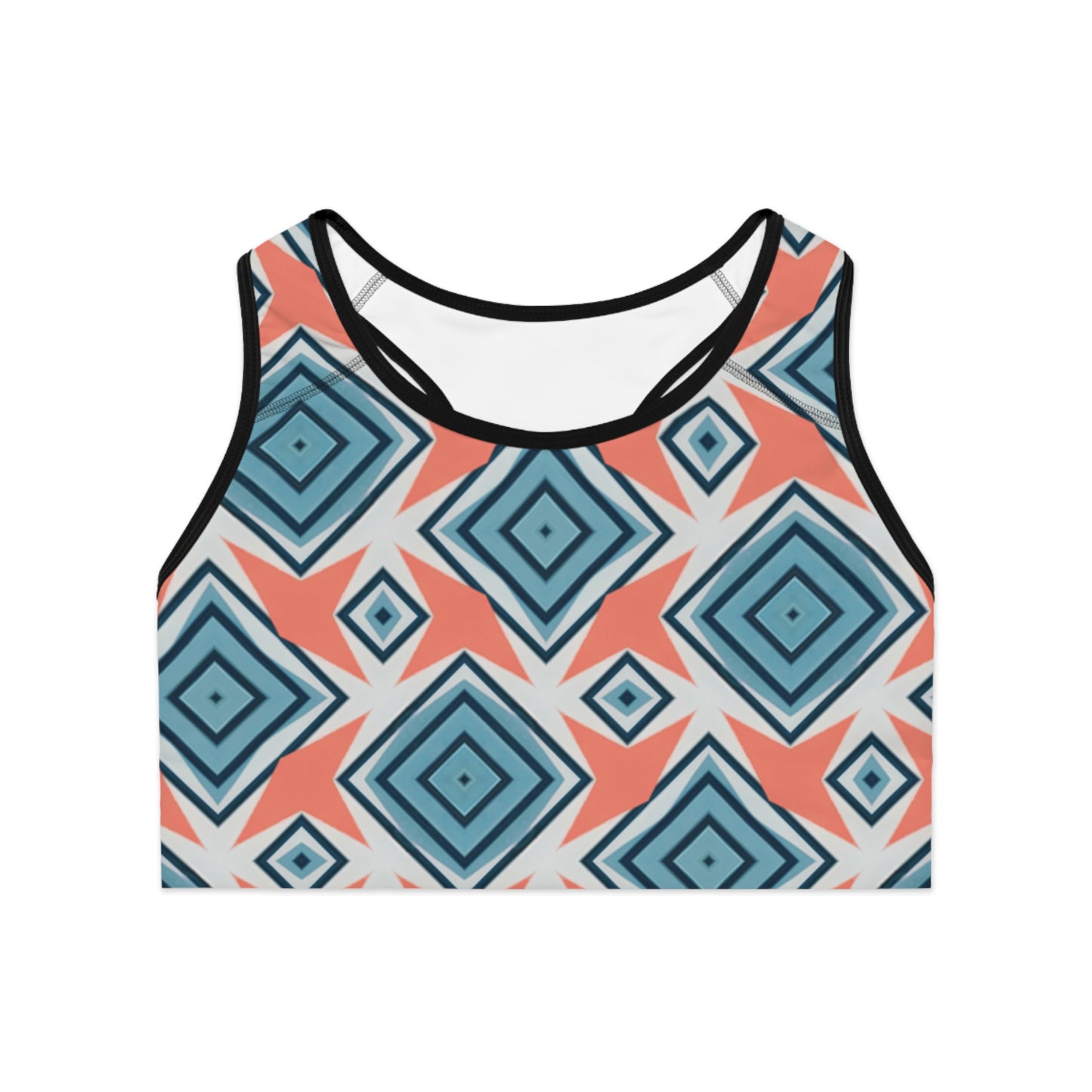 Geometric Diamond Sports Bra - Coastal Calm with a Pop of Coral Love