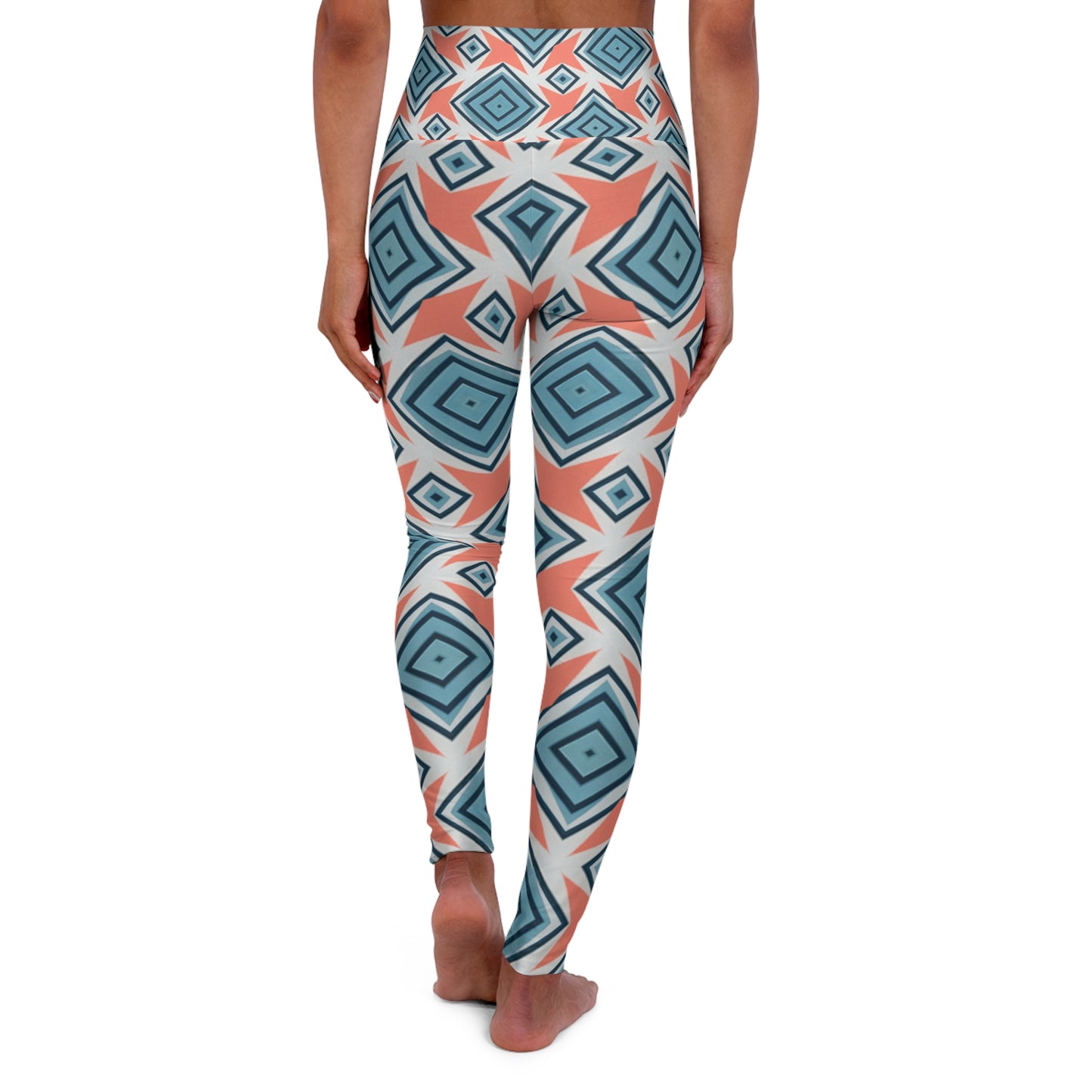 Yoga Leggings - Geometric Diamond Design in Coastal Calm with a Pop of Coral Love