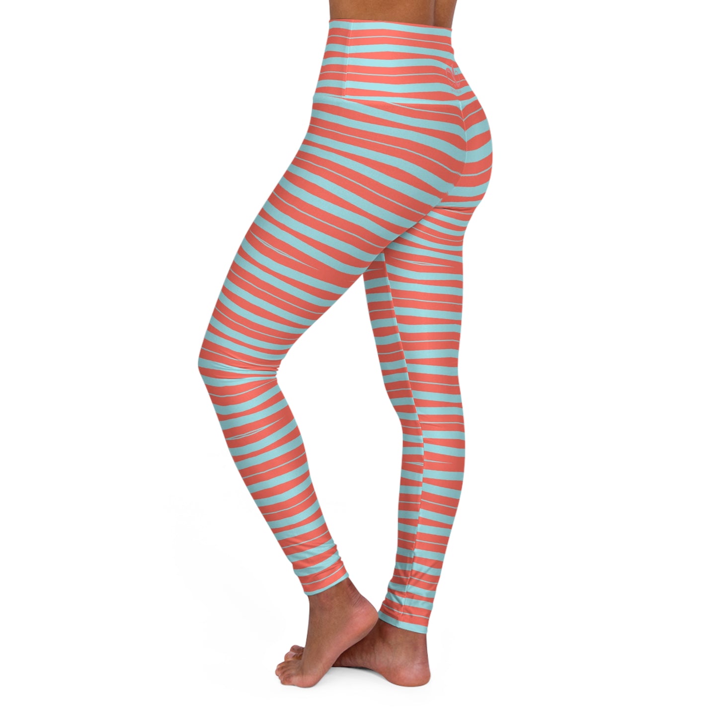 Yoga Leggings - Wavy Stripes Calm Blue & Coral Love Design