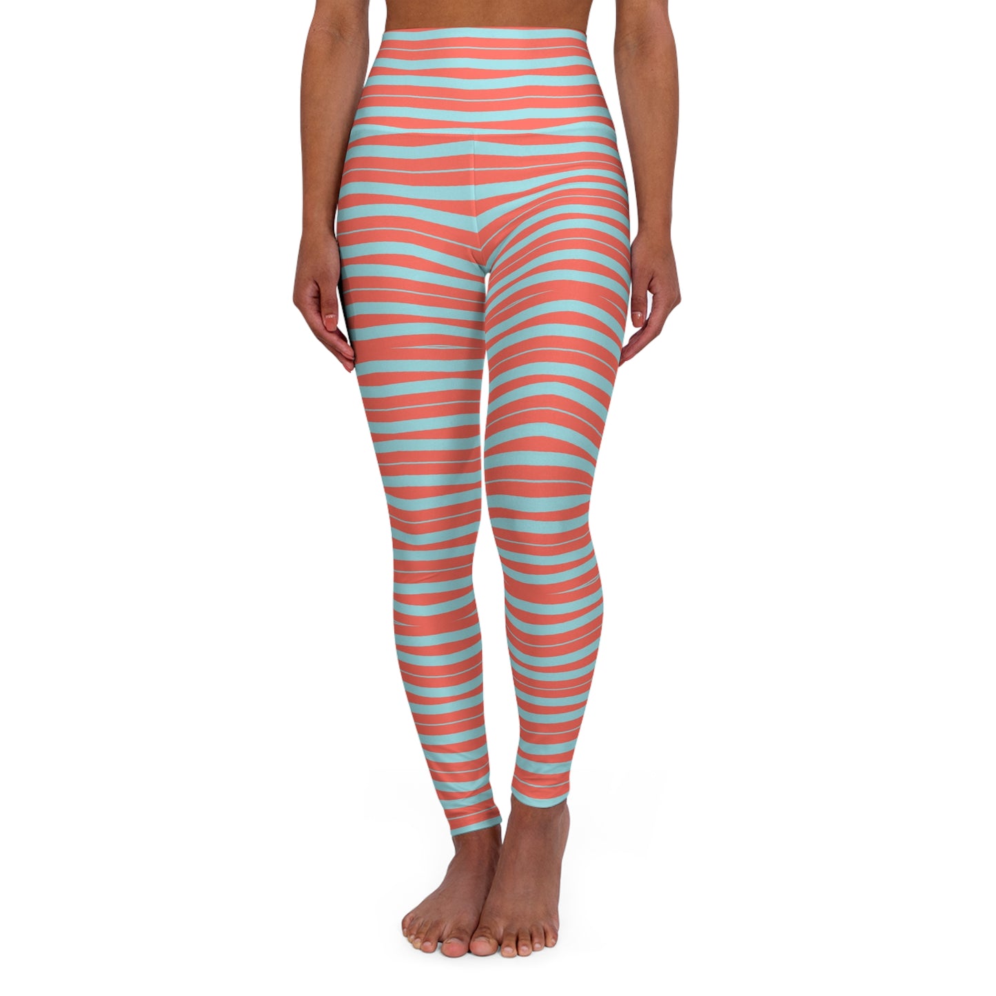Yoga Leggings - Wavy Stripes Calm Blue & Coral Love Design