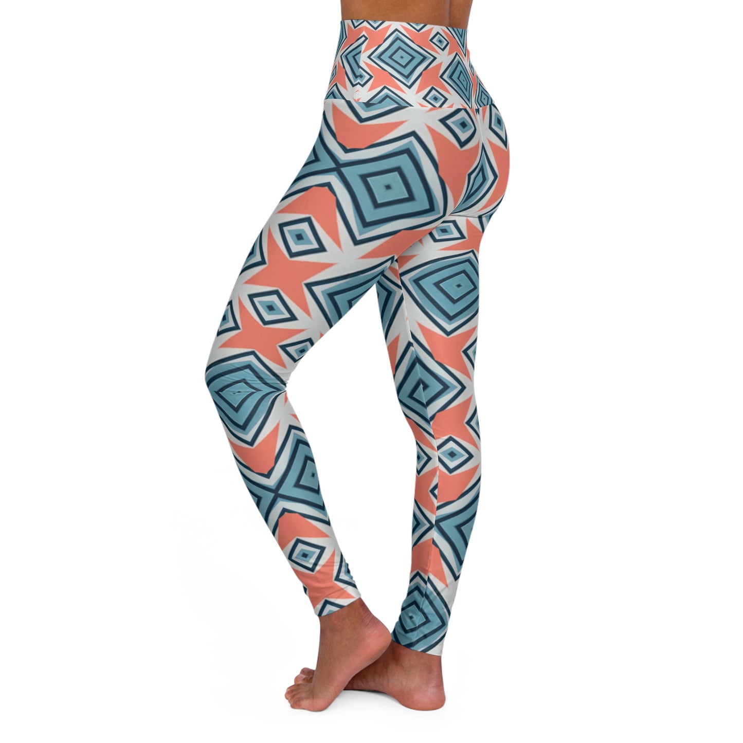 Yoga Leggings - Geometric Diamond Design in Coastal Calm with a Pop of Coral Love