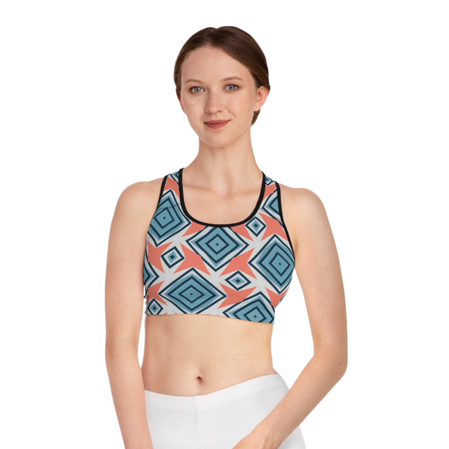 Geometric Diamond Sports Bra - Coastal Calm with a Pop of Coral Love