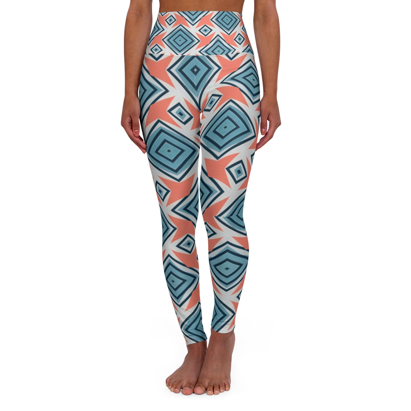 Yoga Leggings - Geometric Diamond Design in Coastal Calm with a Pop of Coral Love