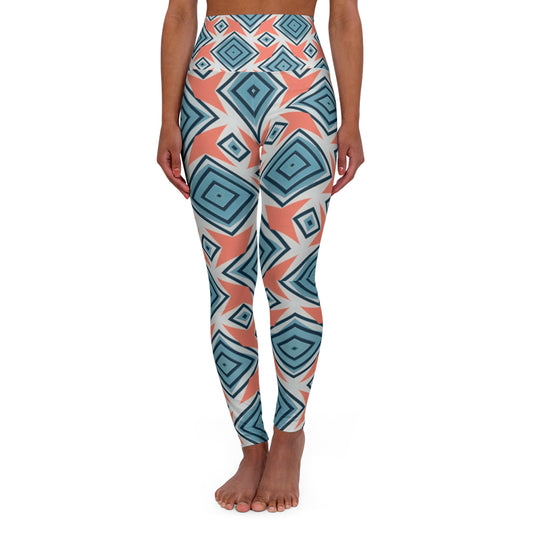 Yoga Leggings - Geometric Diamond Design in Coastal Calm with a Pop of Coral Love