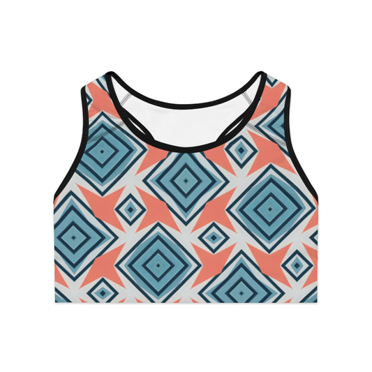 Geometric Diamond Sports Bra - Coastal Calm with a Pop of Coral Love