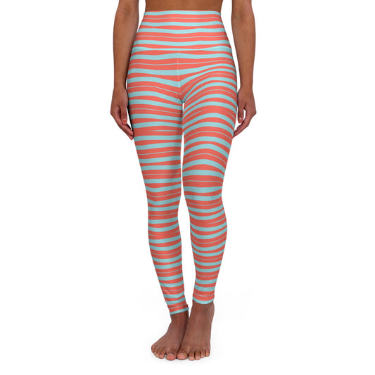 Yoga Leggings - Wavy Stripes Calm Blue & Coral Love Design