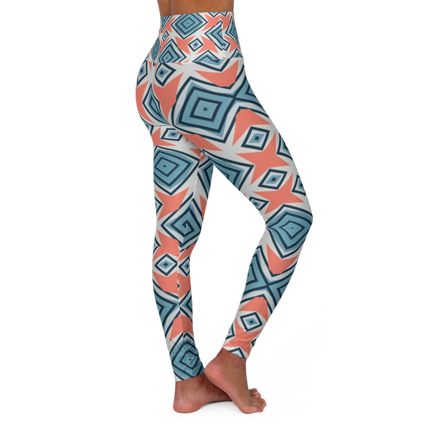 Yoga Leggings - Geometric Diamond Design in Coastal Calm with a Pop of Coral Love