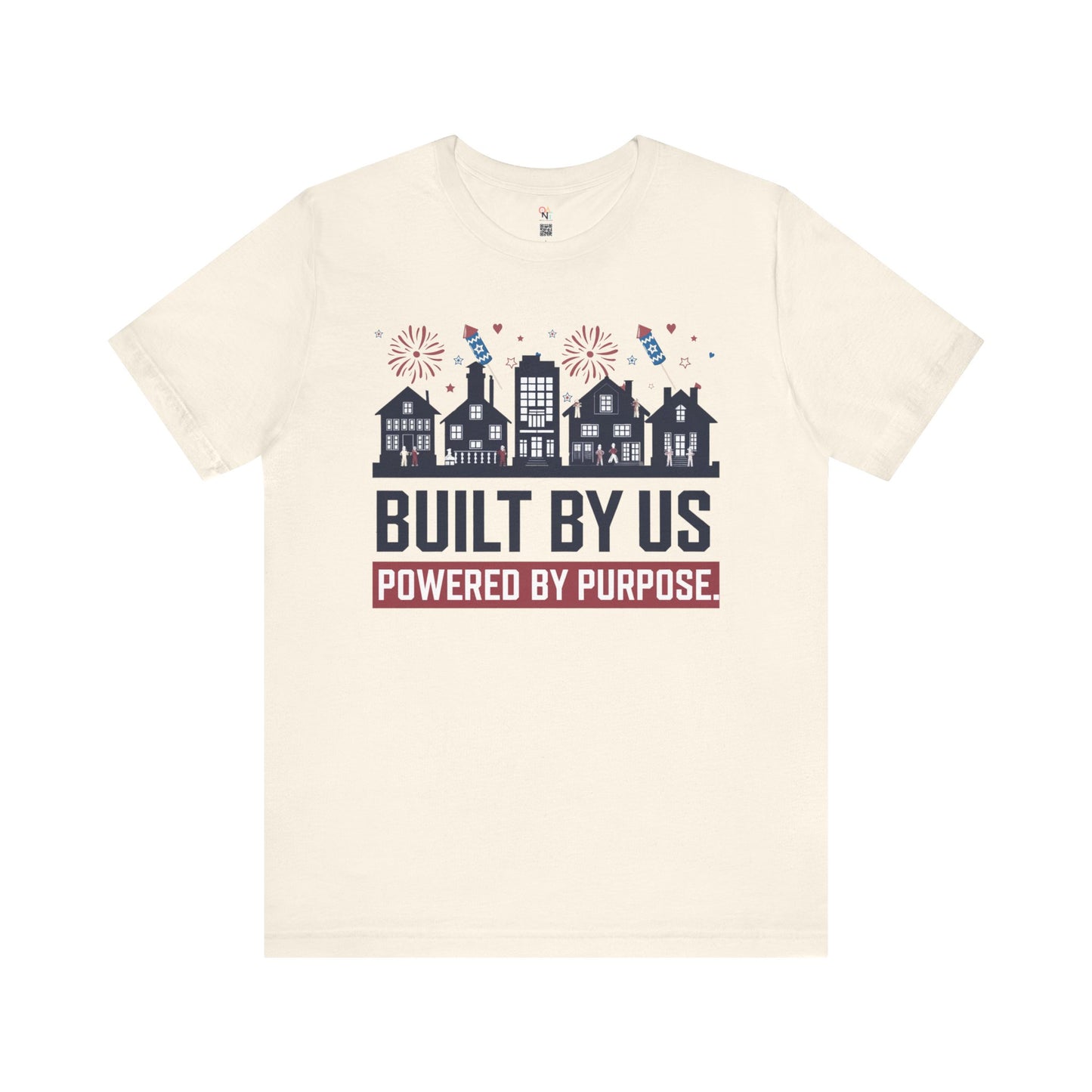 4th of July Unisex T-Shirt – "Built By Us. Powered By Purpose." Patriotic Skyline Design