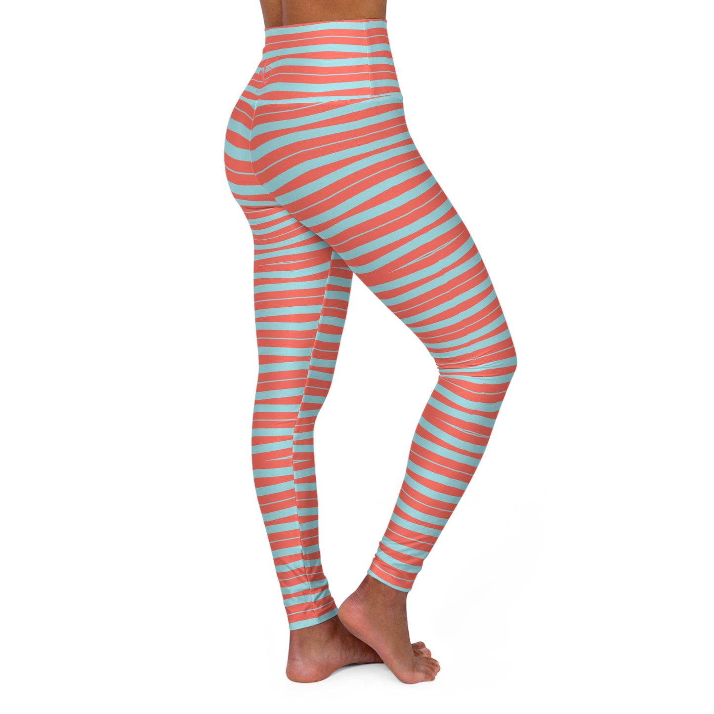Yoga Leggings - Wavy Stripes Calm Blue & Coral Love Design